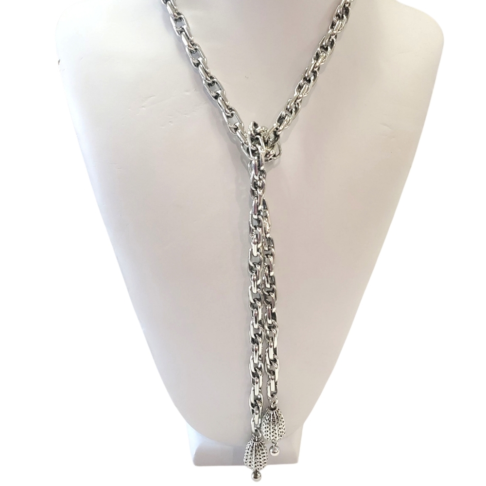 Vintage Silver Thick Rope Chain Lariat Necklace